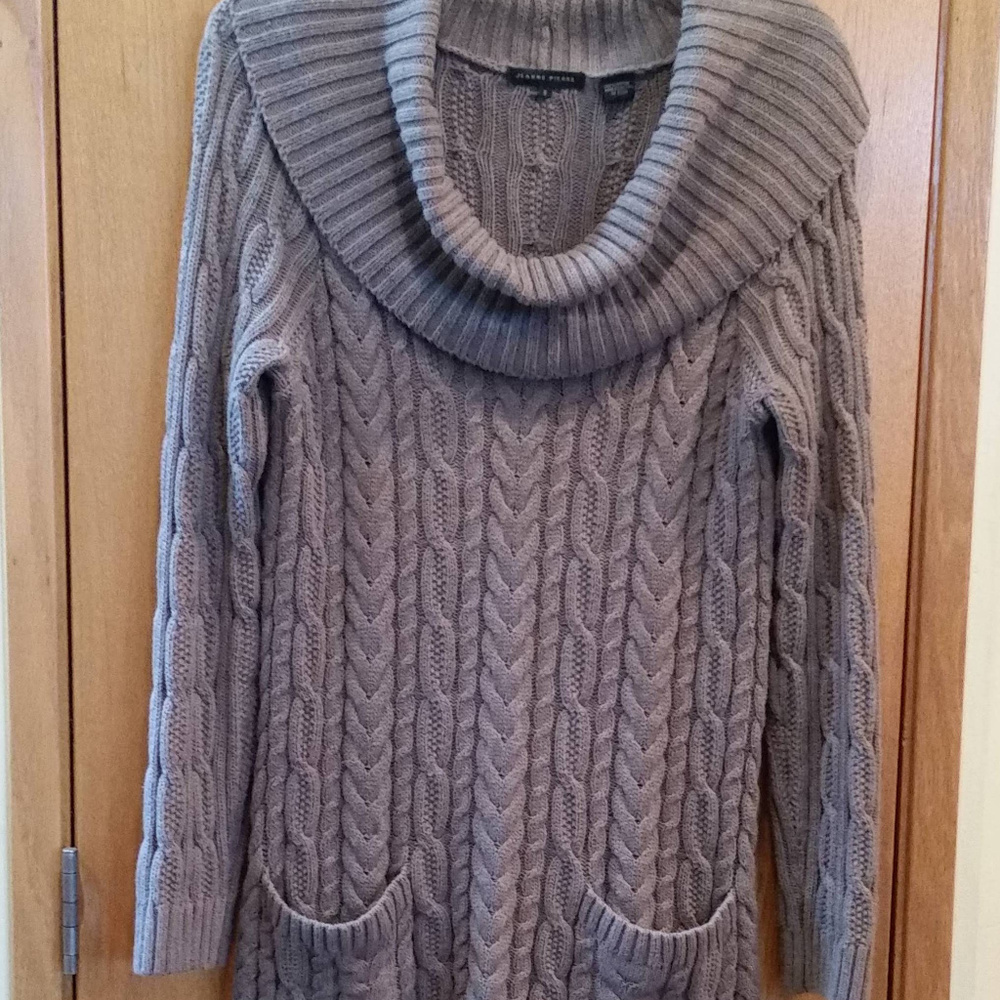 Taupe Cotton Cable Knit Cowl Neck Sweater Small EUC